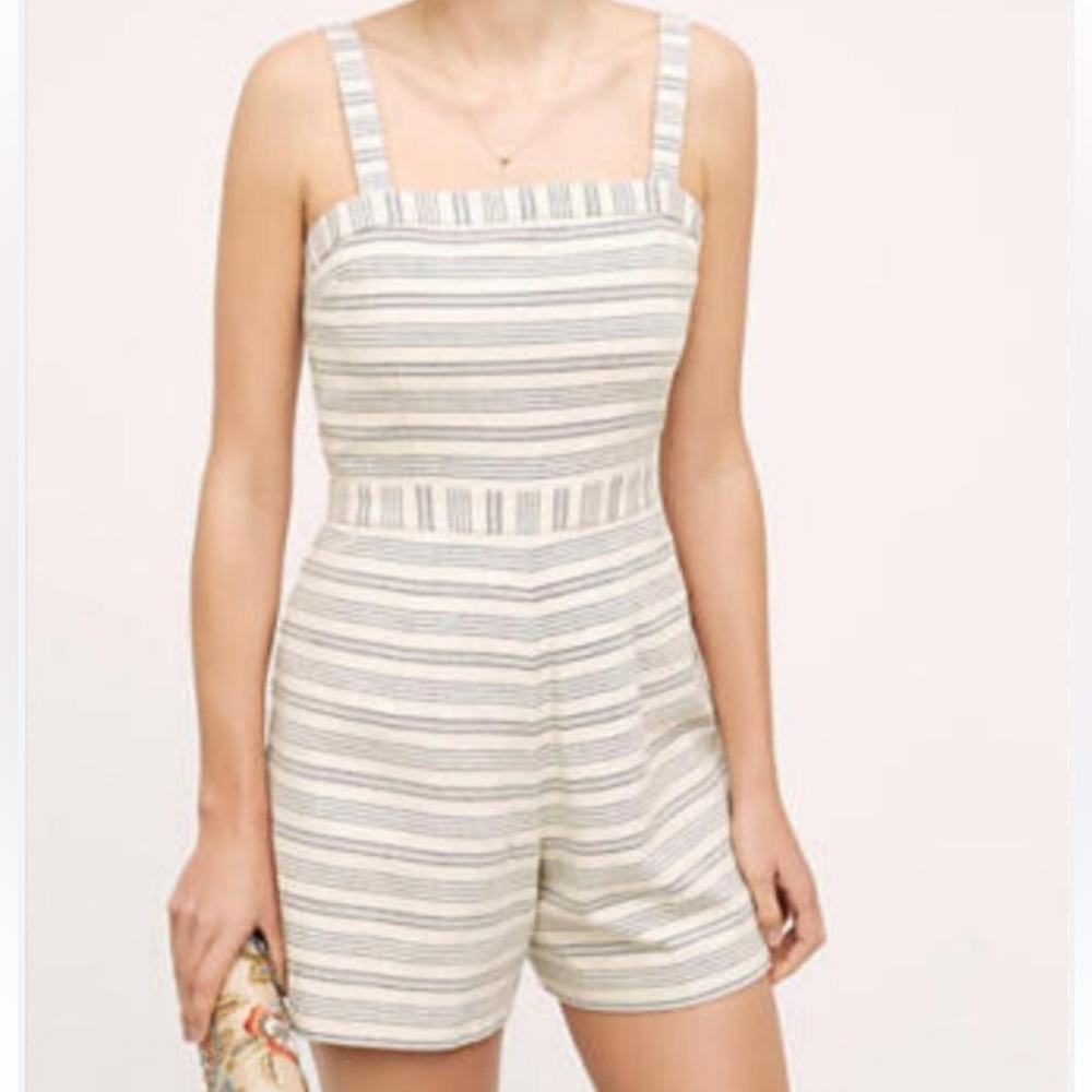 Anthropologie Paper Crown Lexington Cream and Blue One Piece Romper
